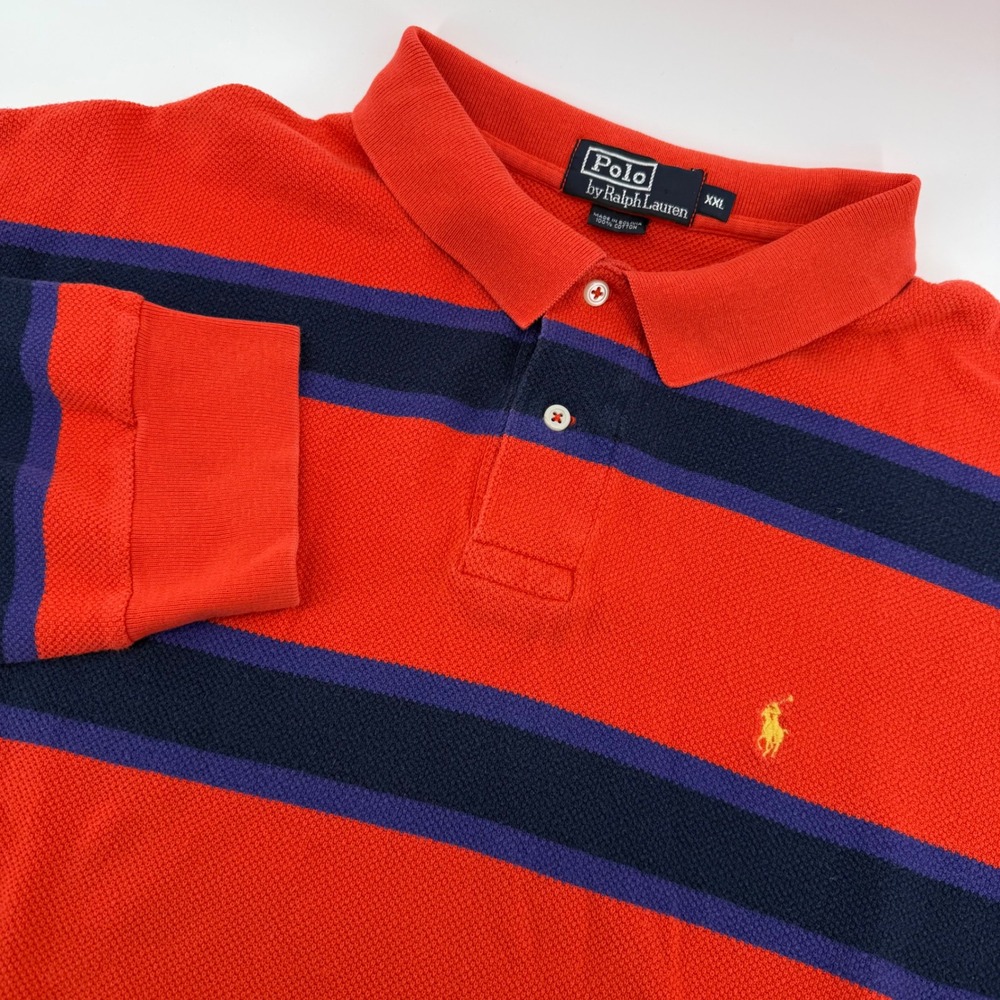 Polo Ralph Lauren Polo Shirt Mens XXL Orange Navy Blue Striped Long Sleeve Logo